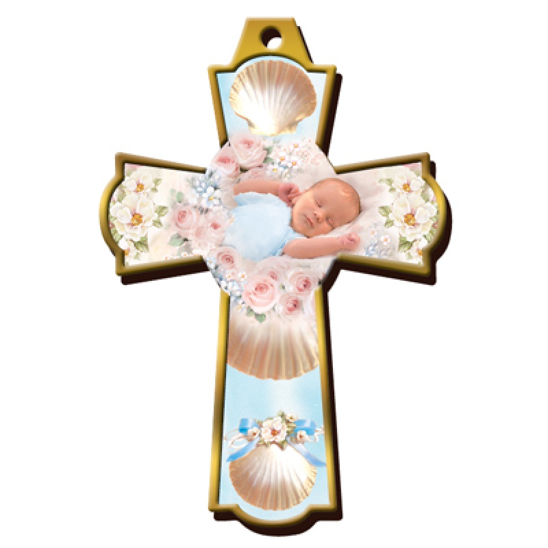SMALL WOOD CRUCIFIX BAPTISM WITH BLUE - San Francis